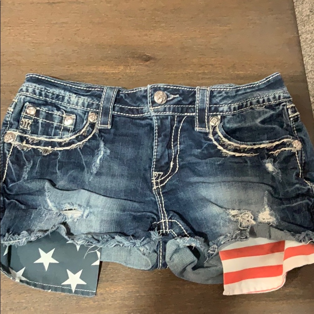 Miss Me Blue Jean Shorts with American Flag Accents